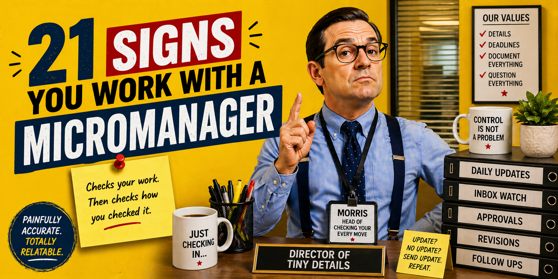 21 signs you work with a micromanager coworker, office boss checking work, controlling workplace behaviour, corporate office scene