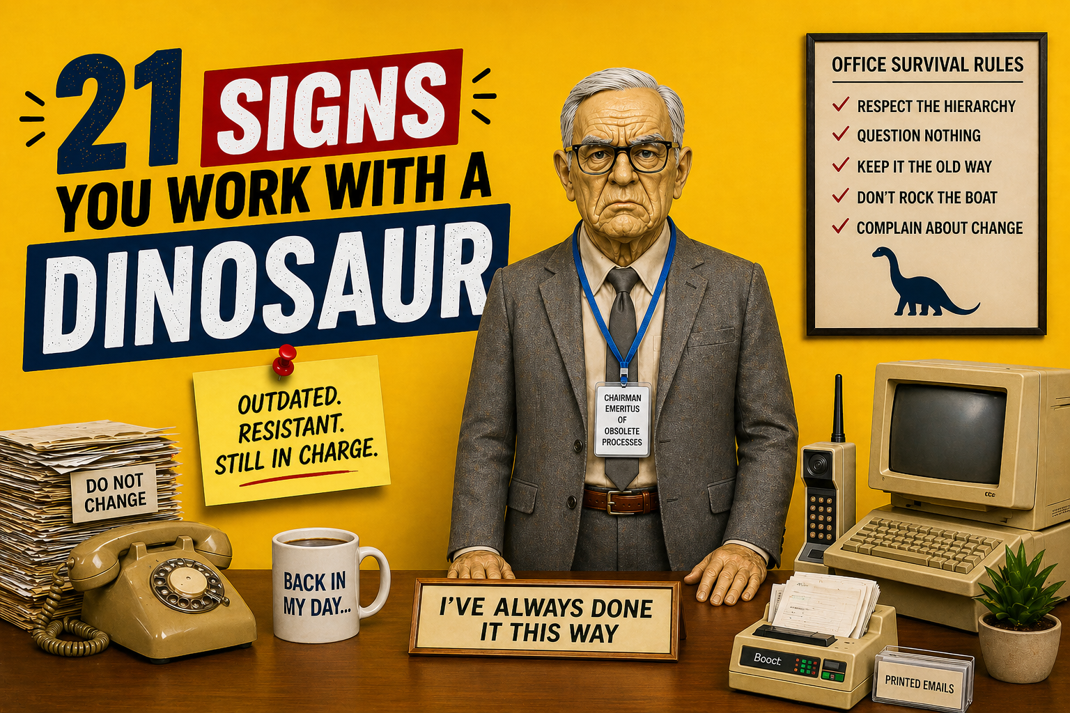Office dinosaur coworker refusing change, outdated office worker resisting new ideas and modern workplace improvements
