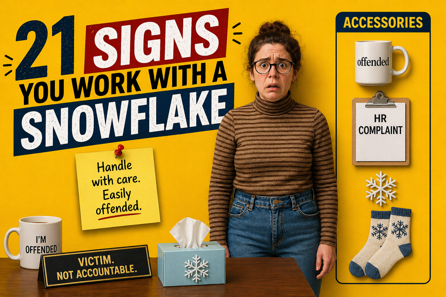 Office snowflake coworker character reacting emotionally in the workplace with HR complaint clipboard and offended mug