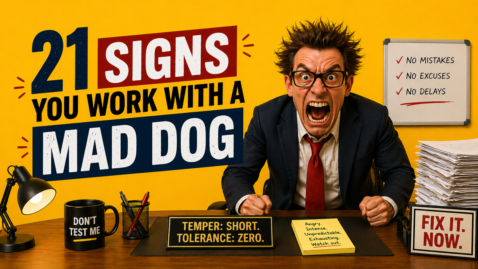 “21 signs you work with an aggressive coworker showing angry office worker shouting and reacting intensely at work desk”