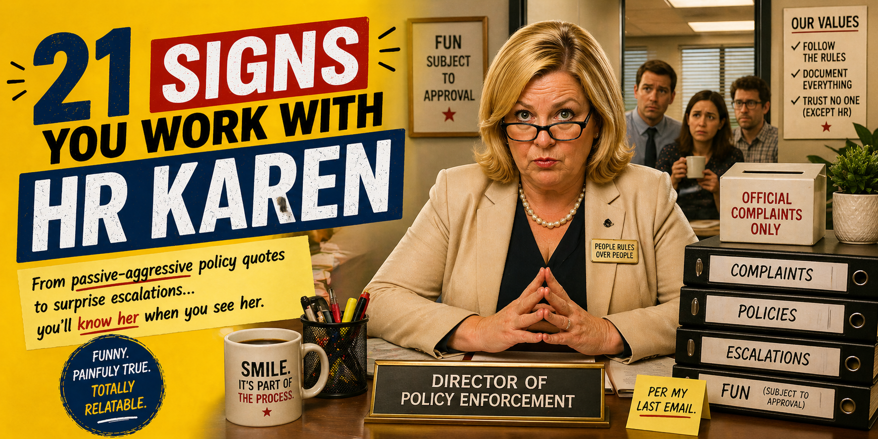 Illustration of HR Karen office archetype in a satirical workplace scene for the article 21 Signs You Work With an HR Karen.