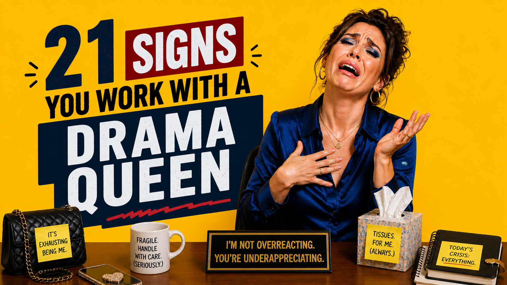 Office drama queen coworker crying dramatically in the workplace beside tissues, crisis notes, and sarcastic office signs about overreacting