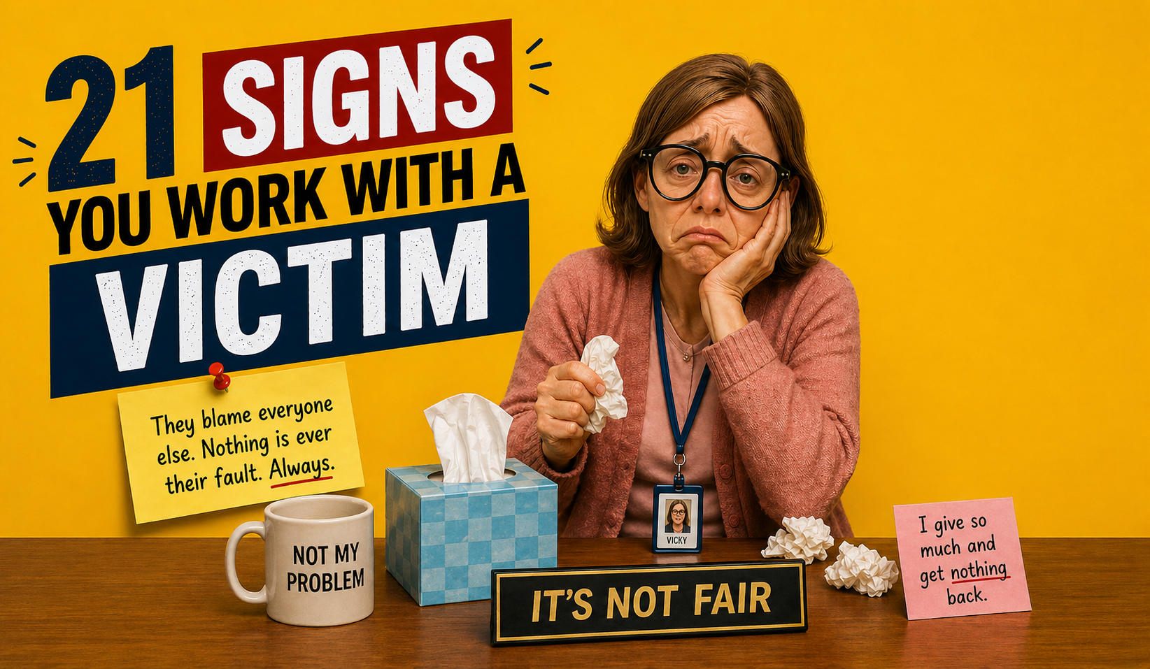 21 signs you work with a victim coworker showing stressed office worker overwhelmed by problems and blaming others at desk