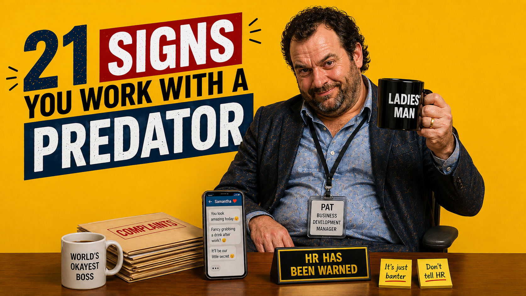 21 signs you work with a workplace predator featuring office man behaving inappropriately with messages and unwanted attention in a workplace setting”