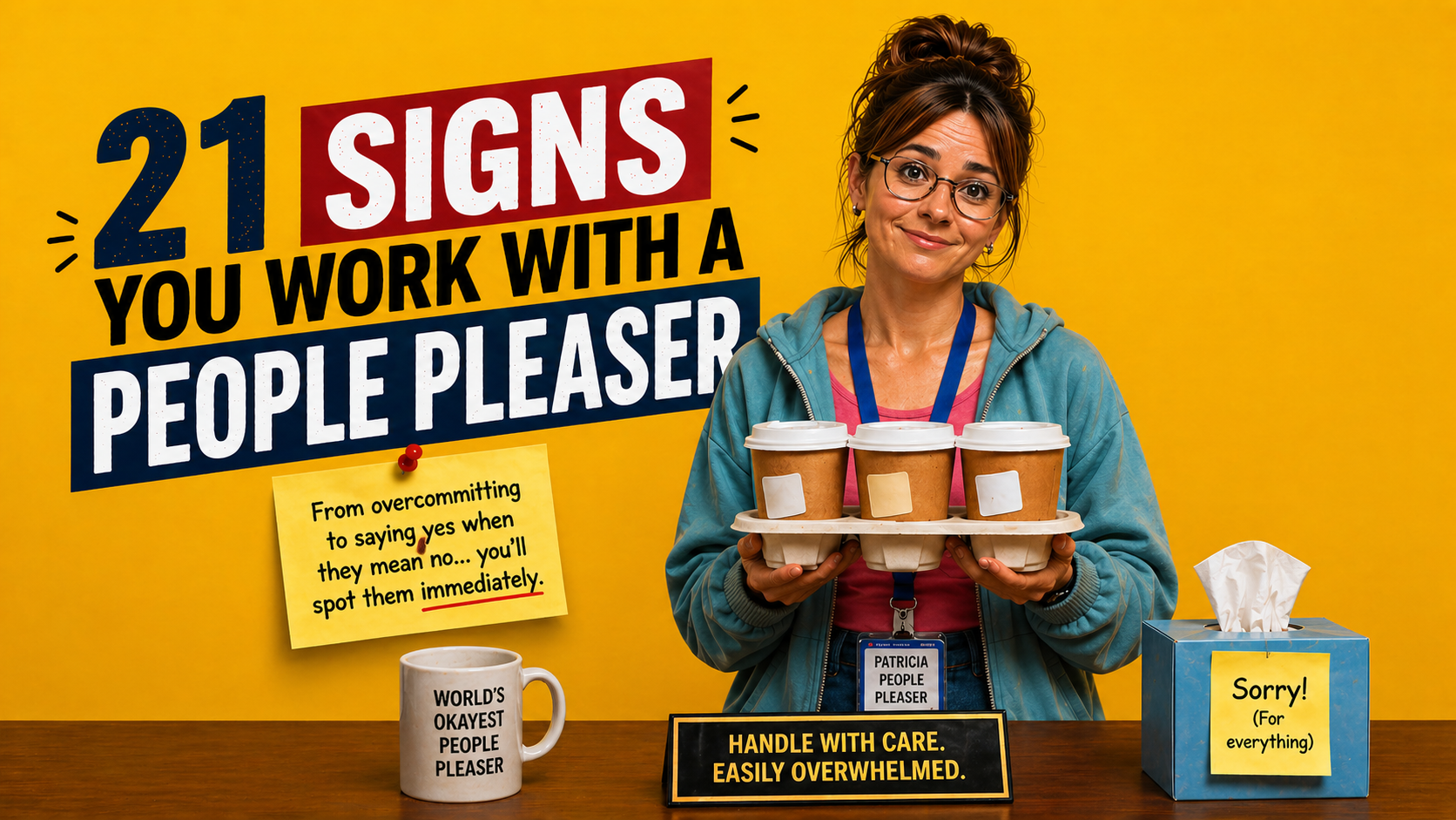 Office Bantomime yellow graphic showing “21 Signs You Work With a People Pleaser” featuring an overwhelmed but helpful office employee carrying coffee and extra responsibilities.