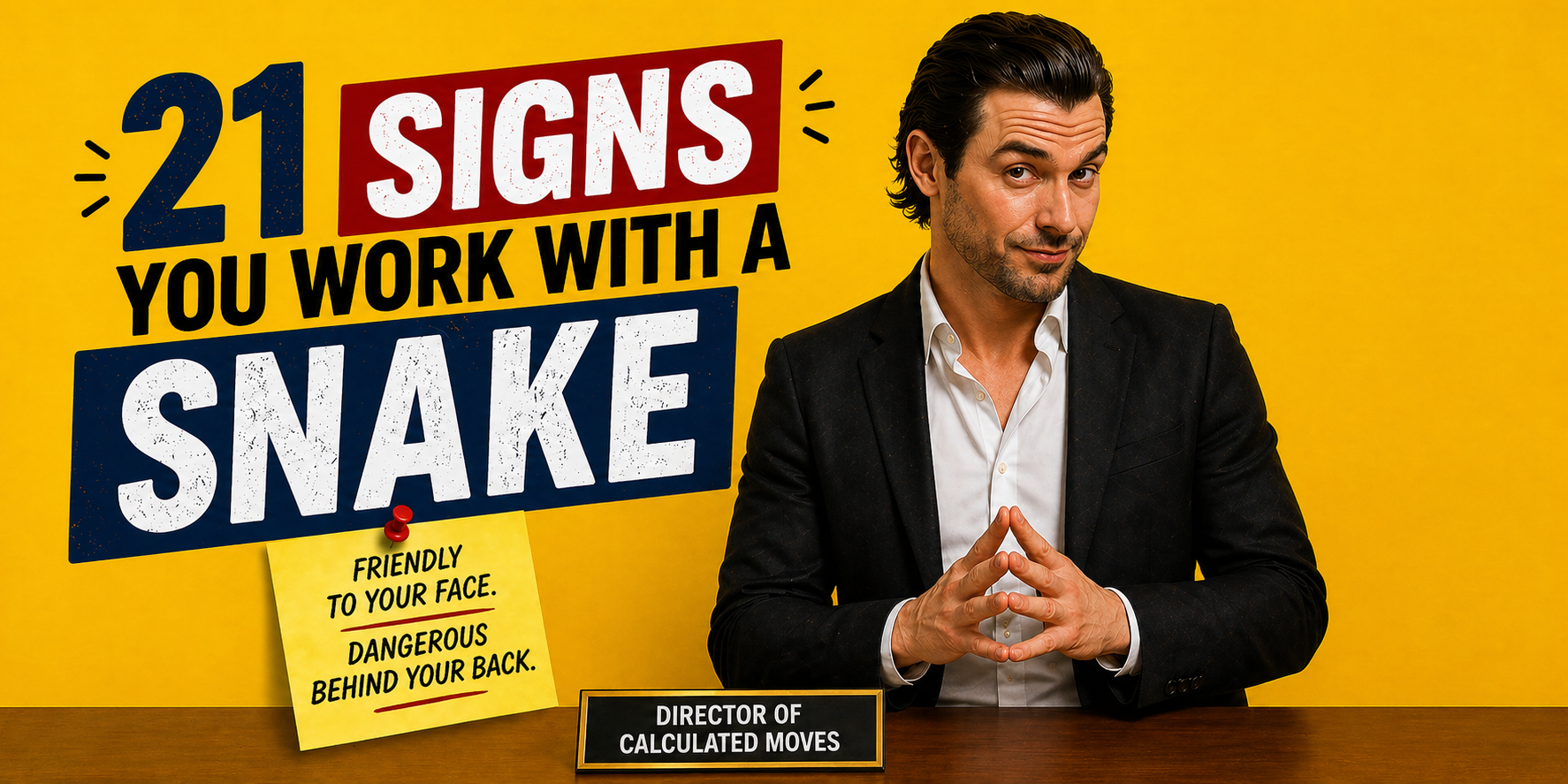 21 signs you work with an office snake showing confident coworker with smirk and ‘friendly to your face, dangerous behind your back’ message”