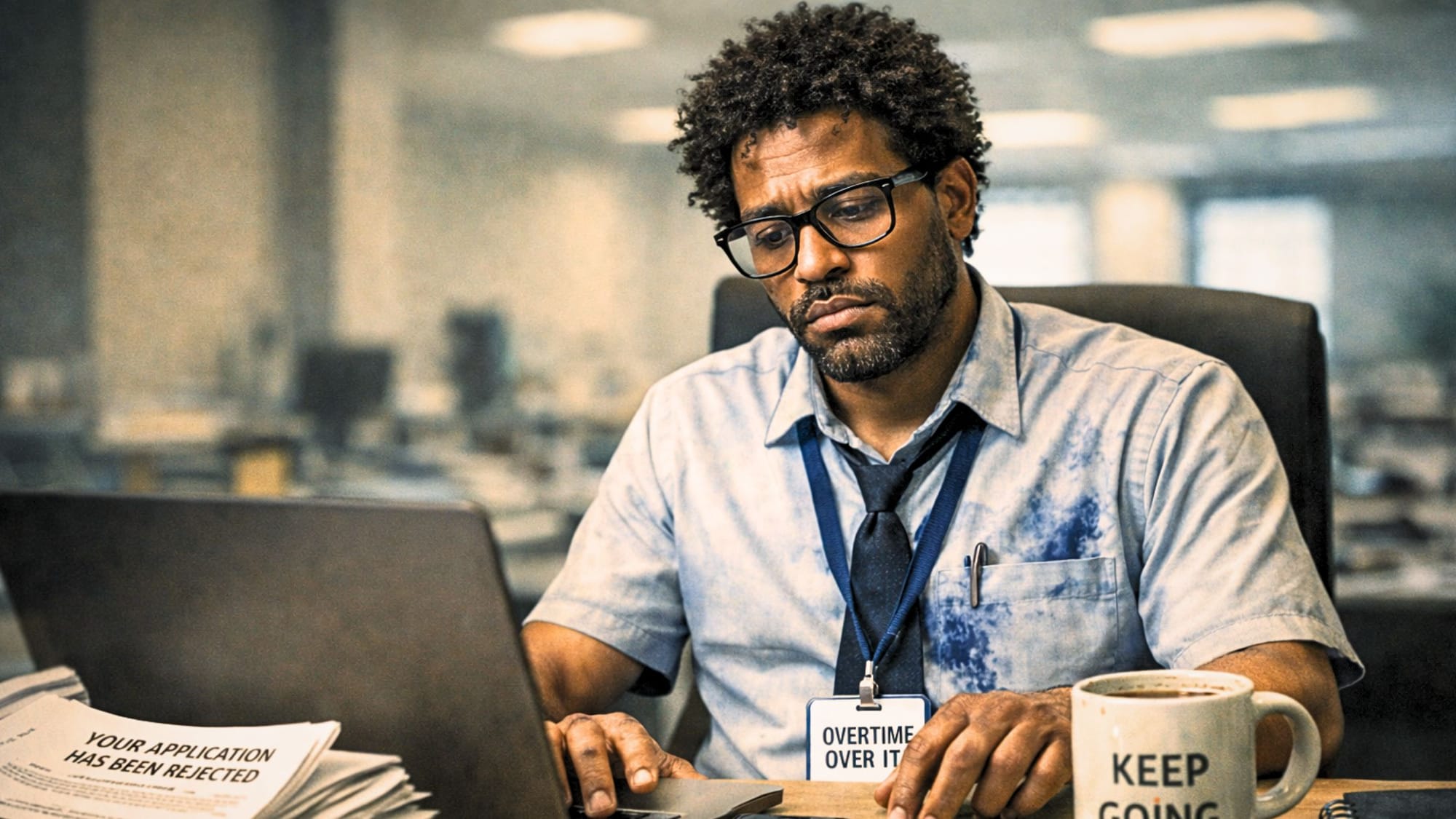 Exhausted office worker at desk with rejection letters, representing burnout and quiet quitting