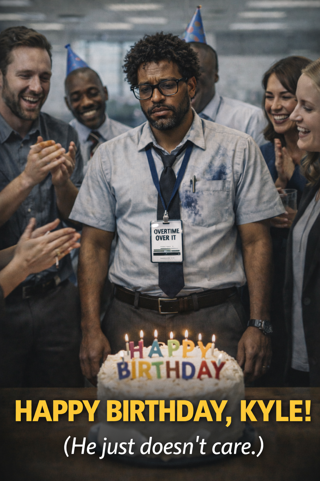Office worker standing at birthday celebration looking disengaged, representing quiet quitting and burnout
