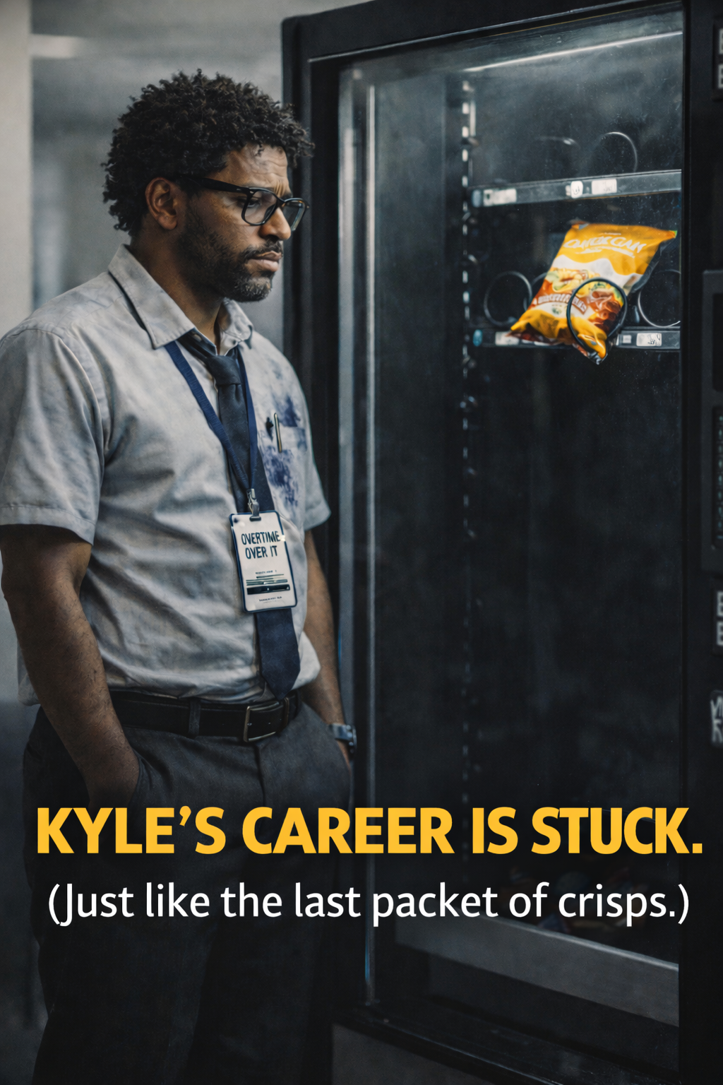 Office worker staring at vending machine with stuck crisps representing feeling stuck in career