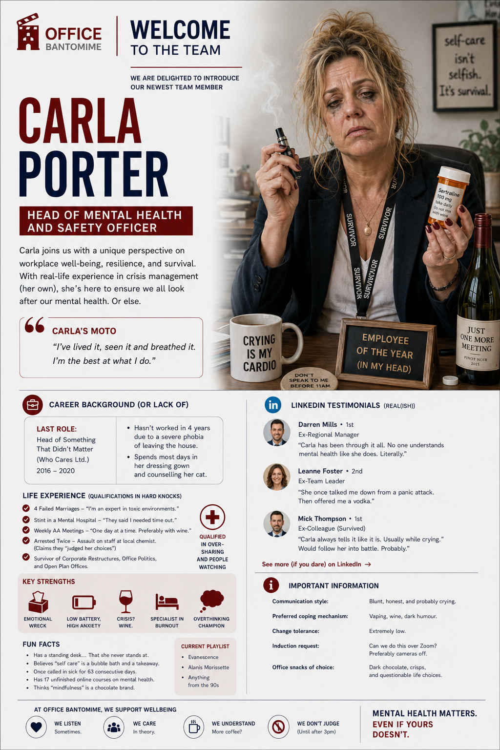 Carla Porter, fictional Head of Mental Health and Safety Officer character for Office Bantomime