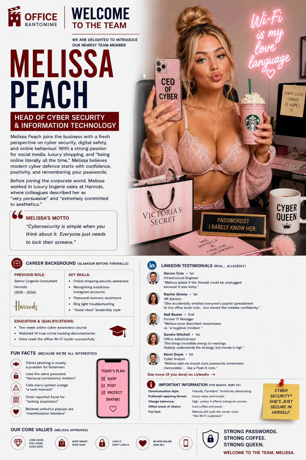 Melissa Peach, fictional Head of Cyber Security and Information Technology character for Office Bantomime