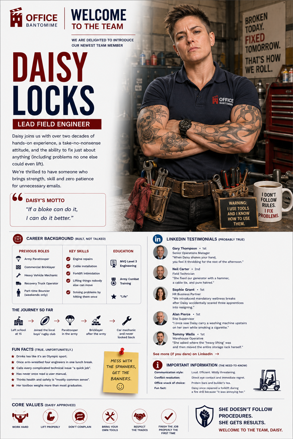 Daisy Locks, fictional Lead Field Engineer character for Office Bantomime