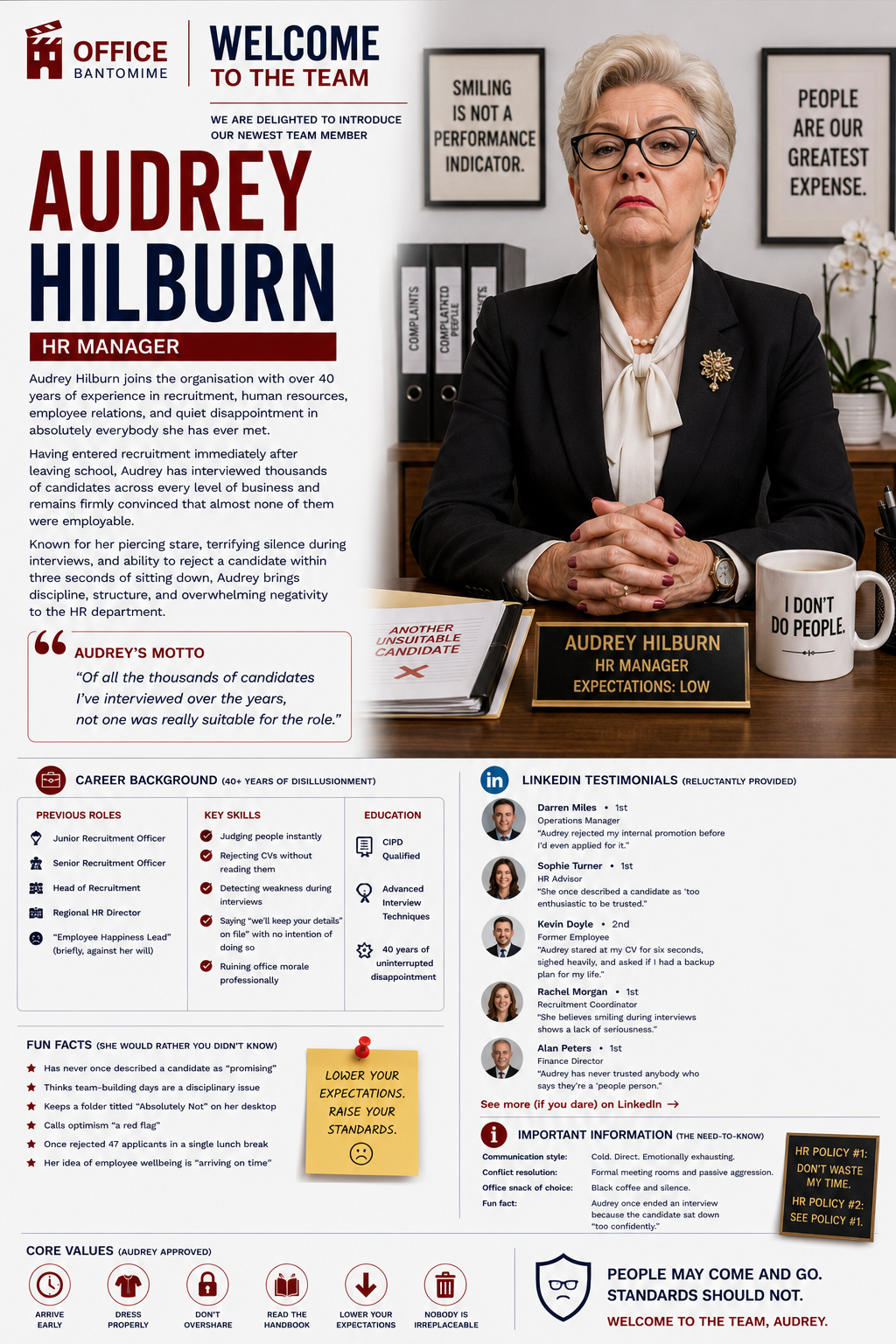Audrey Hilburn, fictional HR Manager character for Office Bantomime