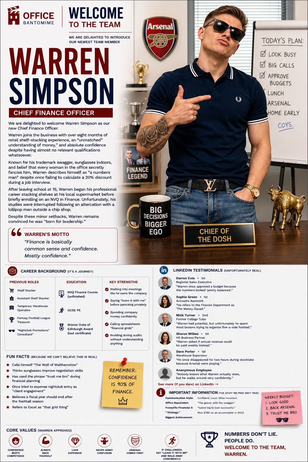 Warren Simpson, fictional Chief Finance Officer character for Office Bantomime