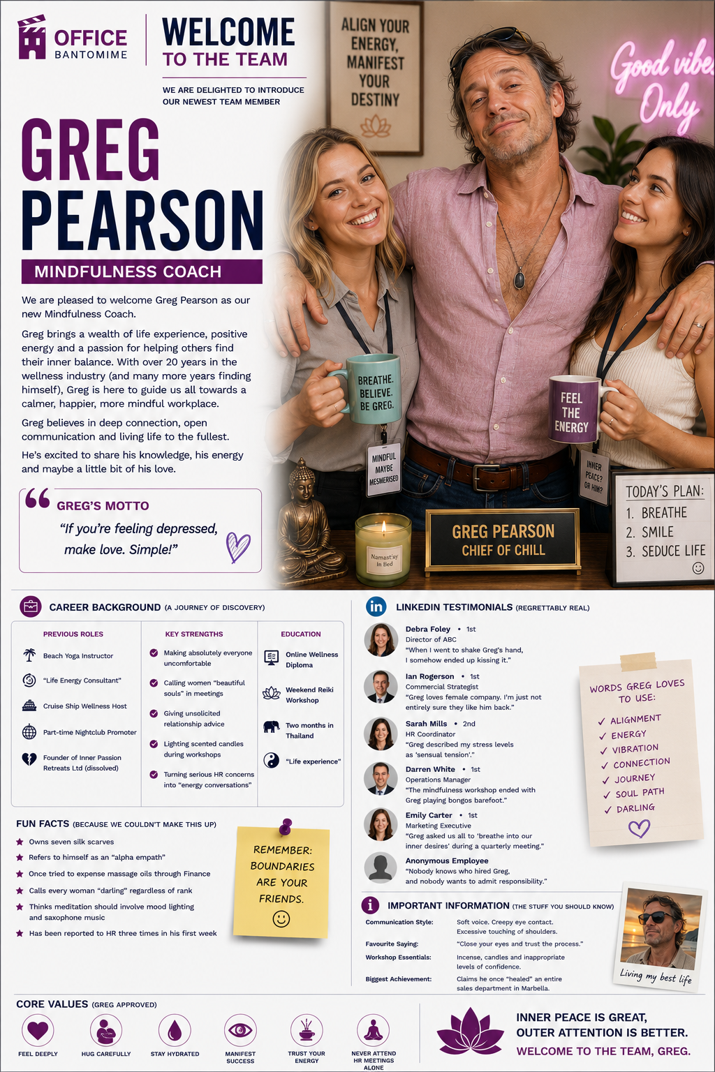 Greg Pearson, fictional Mindfulness Coach character for Office Bantomime