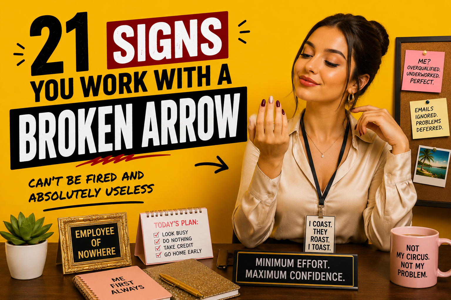 Funny office meme showing a protected lazy coworker titled “21 Signs You Work With a Broken Arrow”.