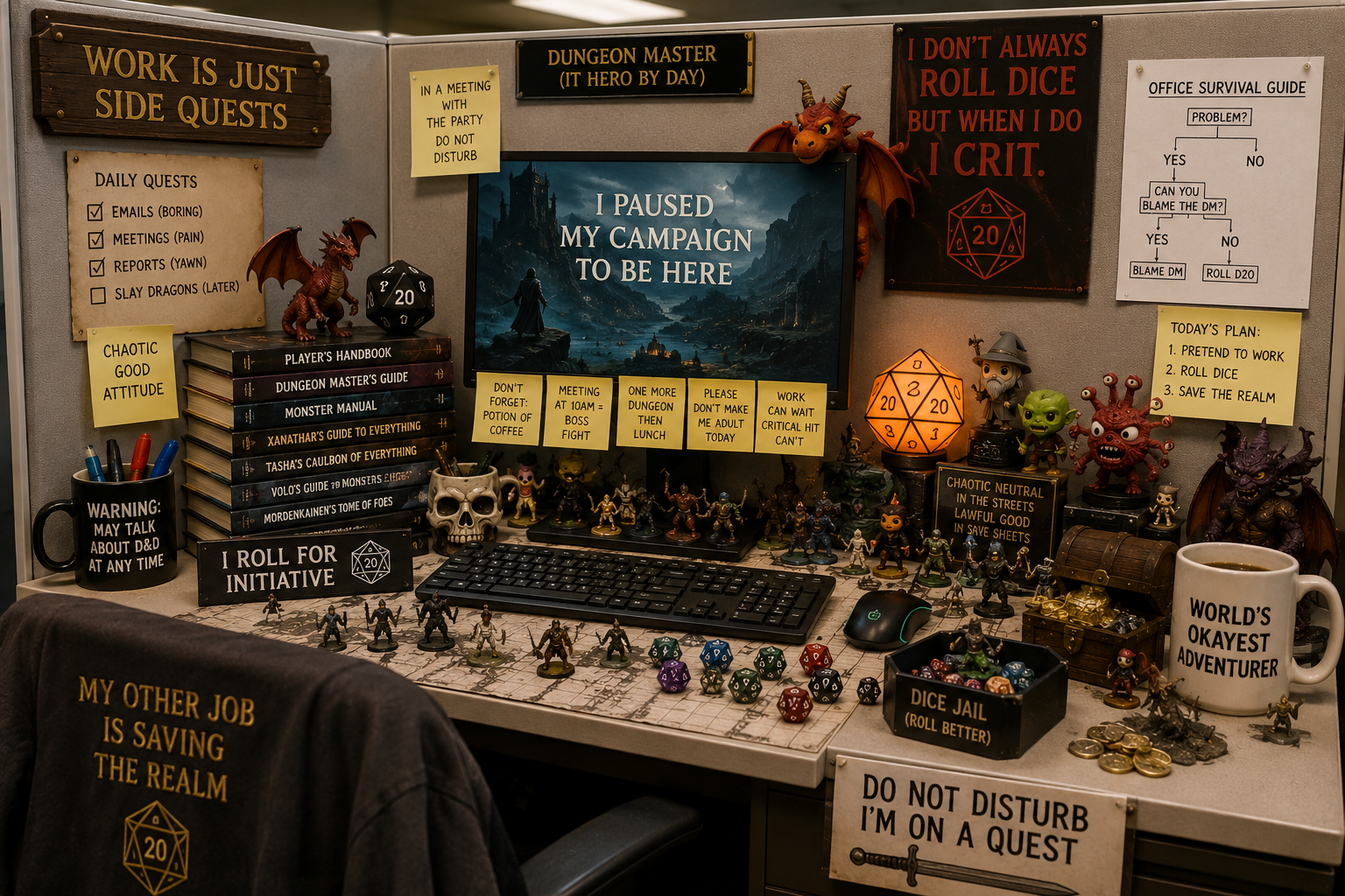 Dungeons & Dragons gamer office desk packed with fantasy books, dice, miniatures, dragons, gaming posters, humorous signs, and a workstation transformed into a chaotic RPG command centre.