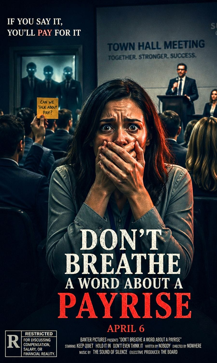 Don't Breath A Word About A Payrise office parody poster