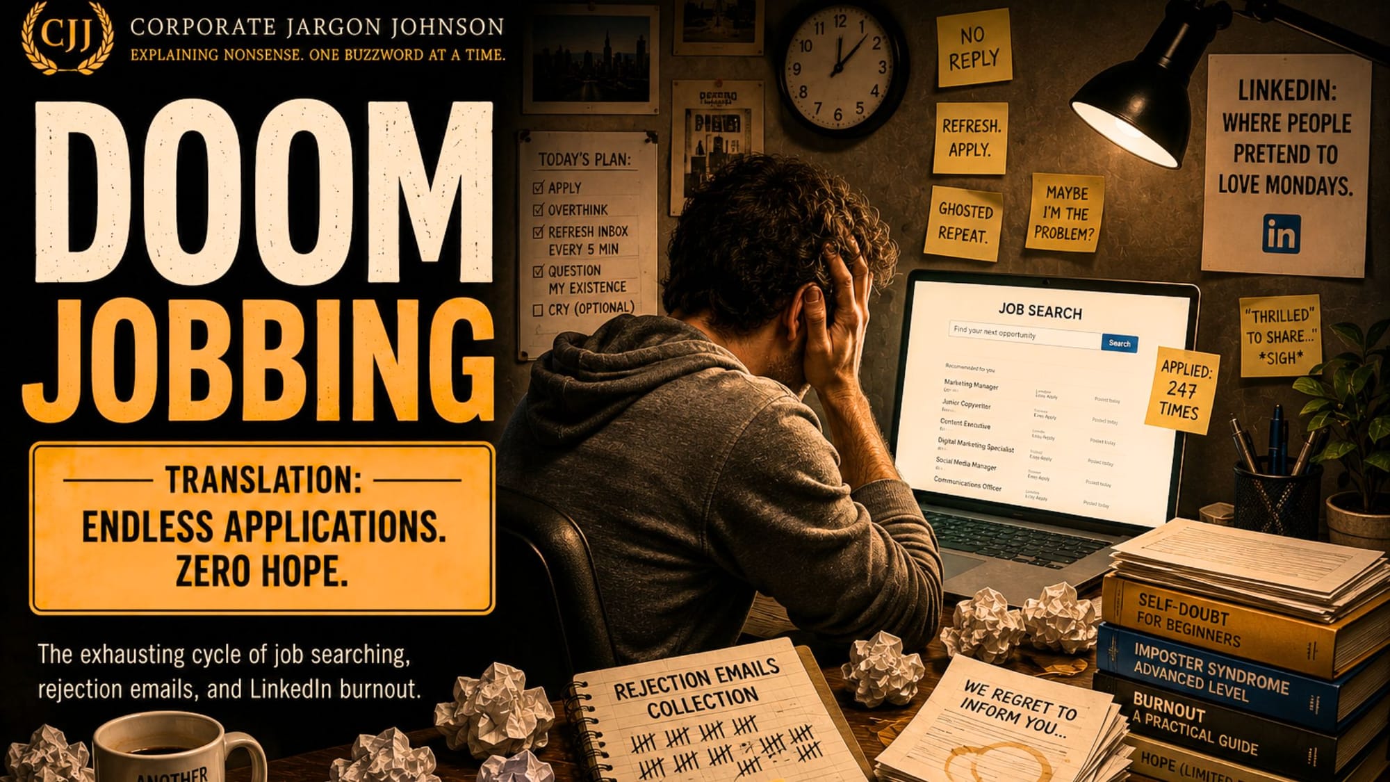Exhausted job seeker sitting at a laptop late at night surrounded by rejection emails, LinkedIn references, crumpled applications, and burnout notes in a cinematic retro office scene illustrating doomjobbing and job search burnout.
