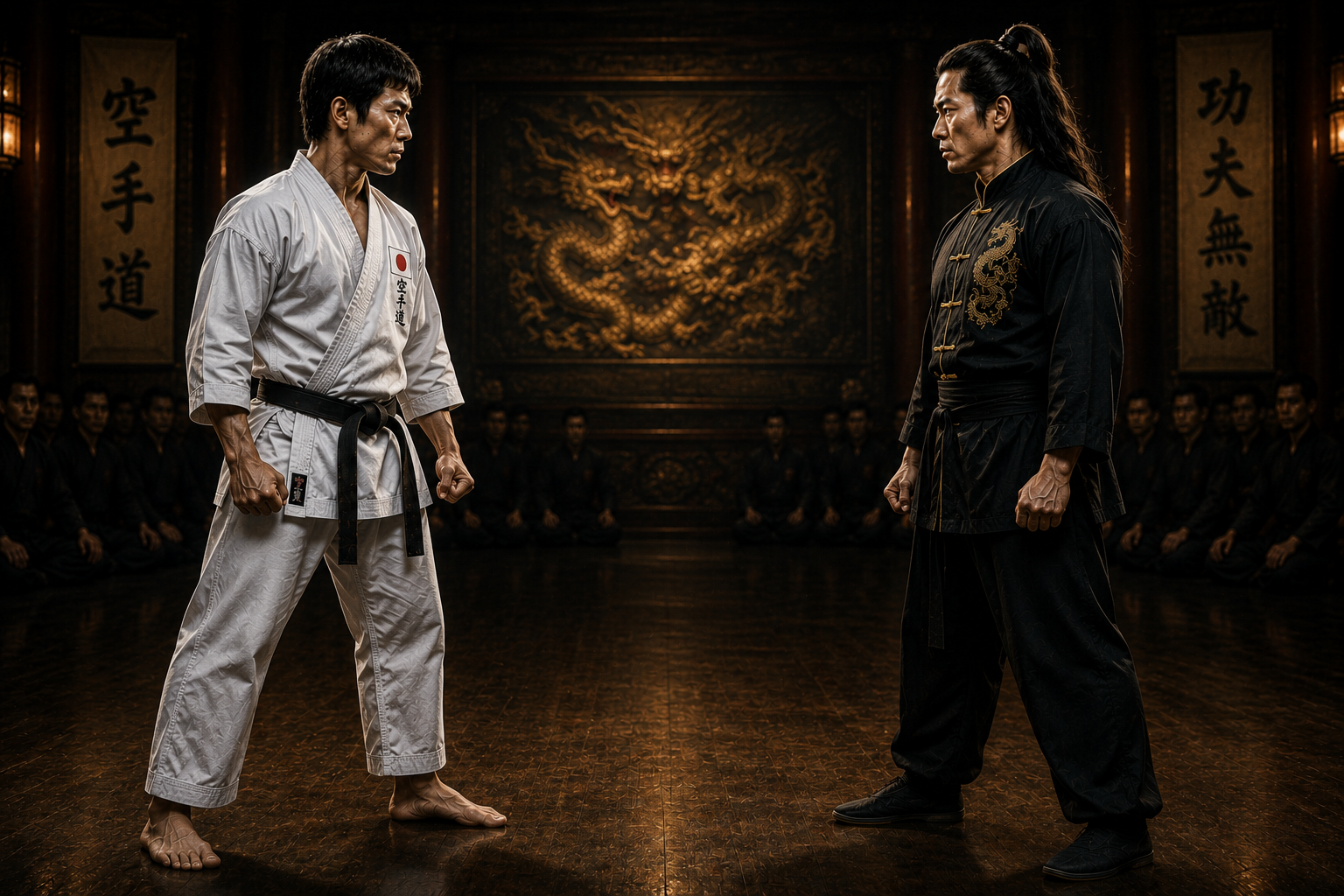 Karate Champion and Kung Fu Master stand face-to-face before the fight