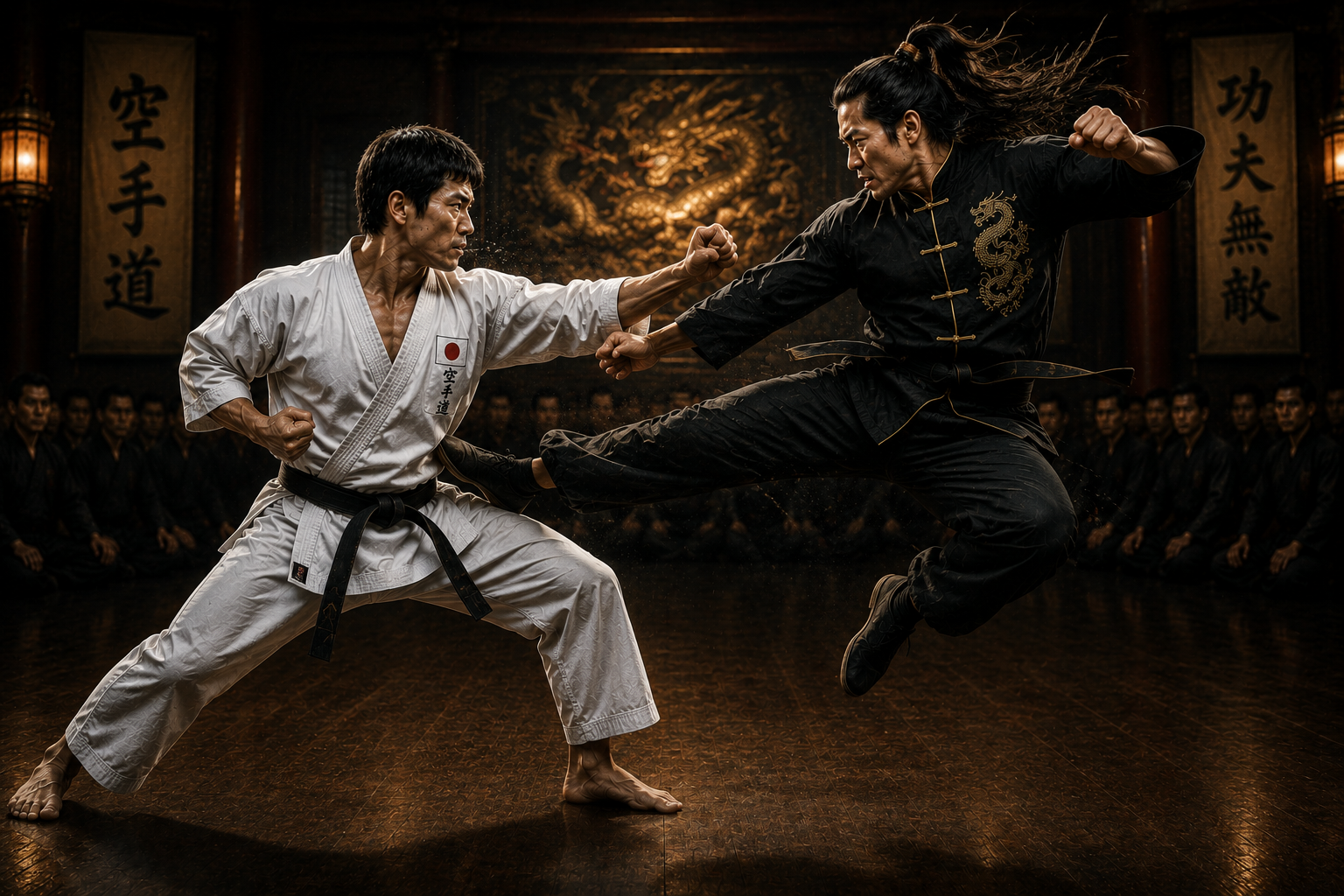 Karate and Kung Fu masters exchange attacks during the opening moments of the fight
