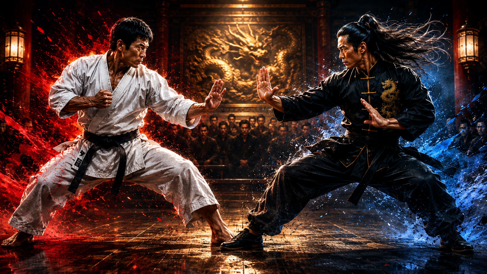 Karate Champion and Kung Fu Master exchange one final decisive strike