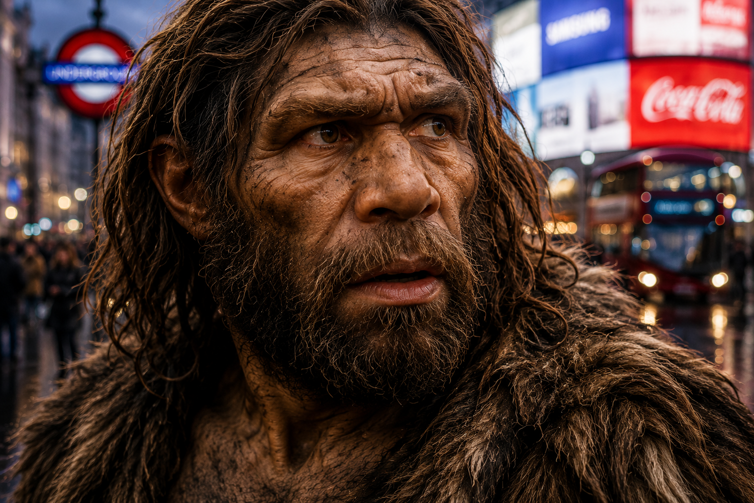 Close up of a confused Neanderthal man in modern London