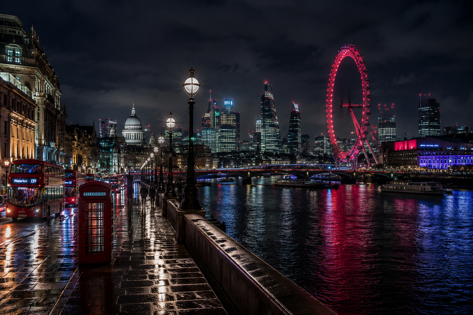 Modern London at night with the River Thames, London Eye and city skyline