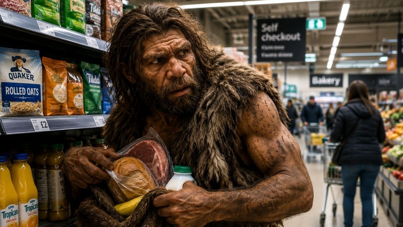 Neanderthal taking food from supermarket