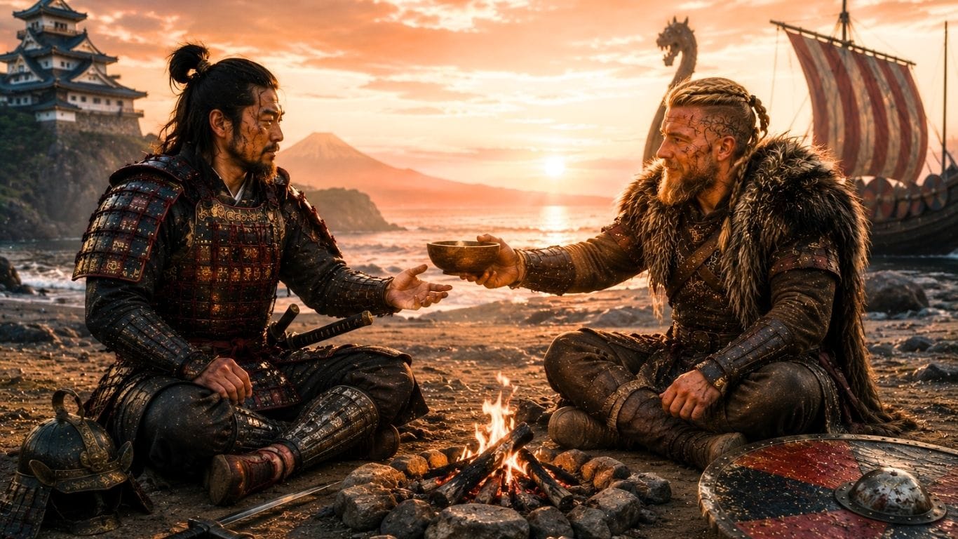 Samurai and Viking sharing water after battle