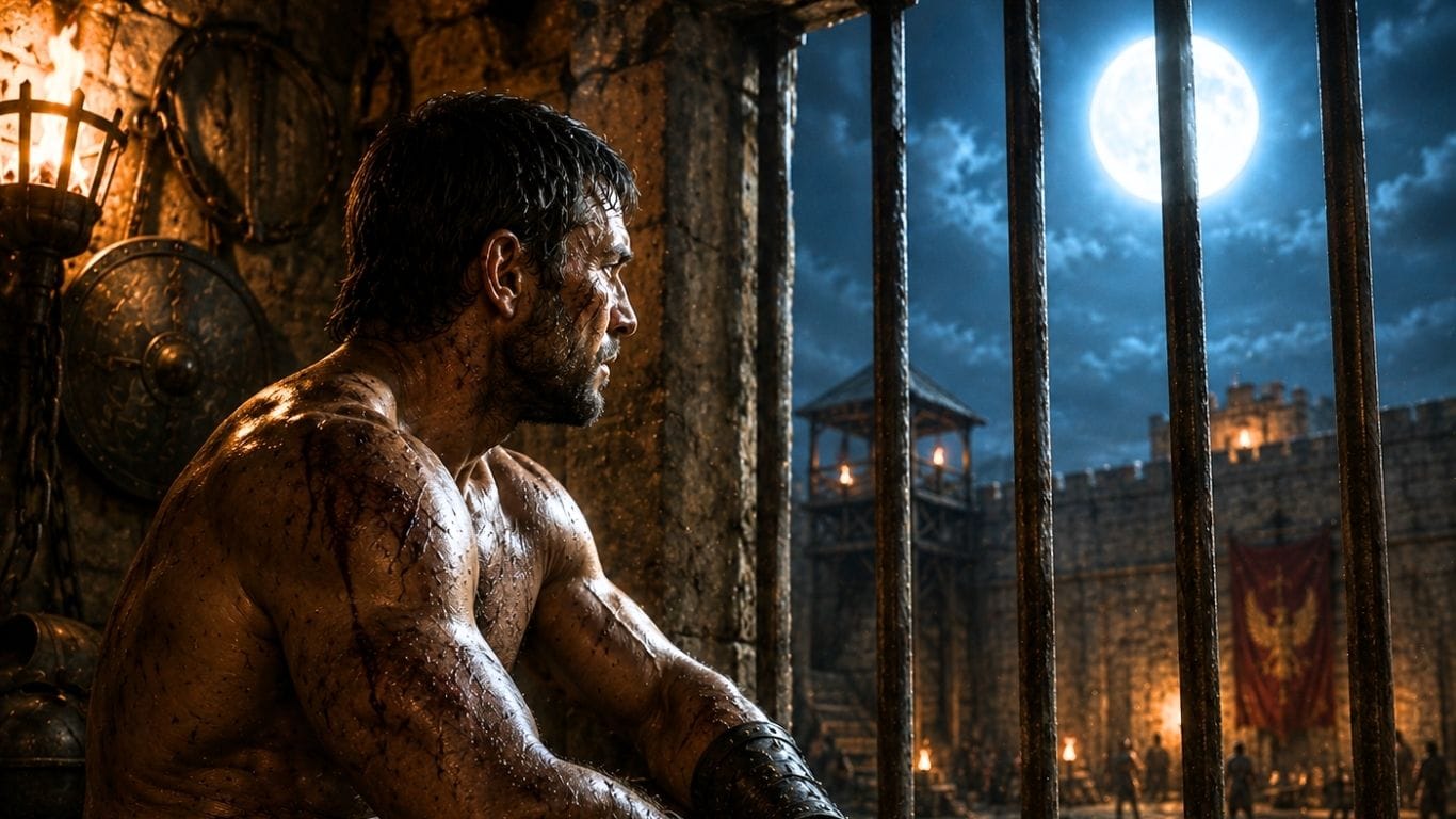 Spartacus looking out from the barracks the night before the fight