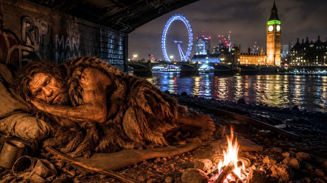 Neanderthal sleeping rough beneath a bridge