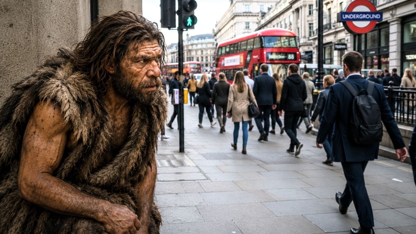 Neanderthal observing modern people