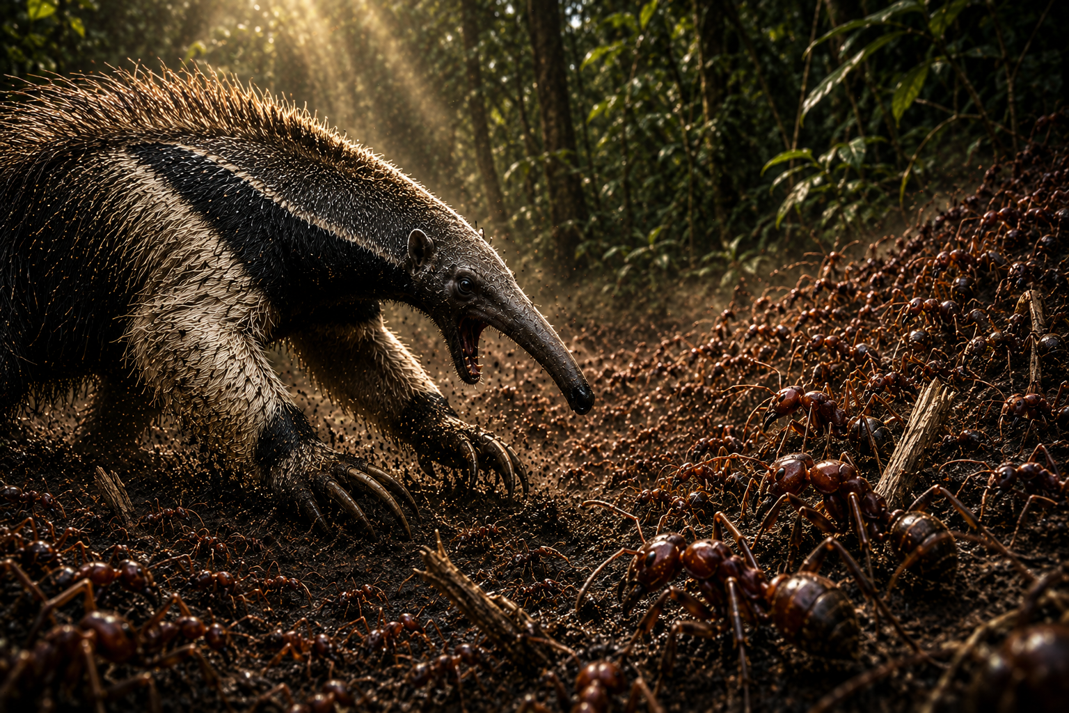 Anteater attacking the swarm
