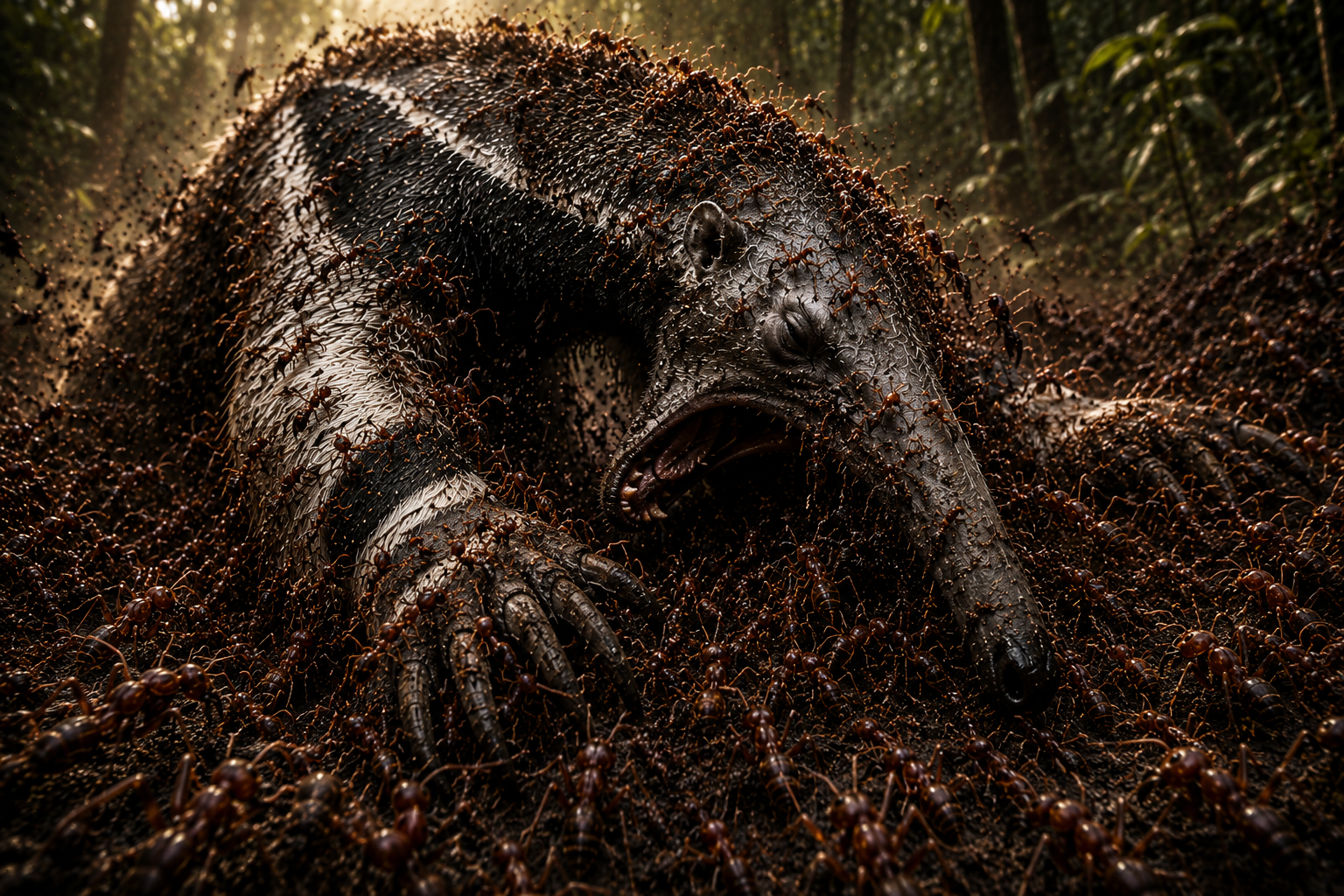 Army ants overwhelming the anteater
