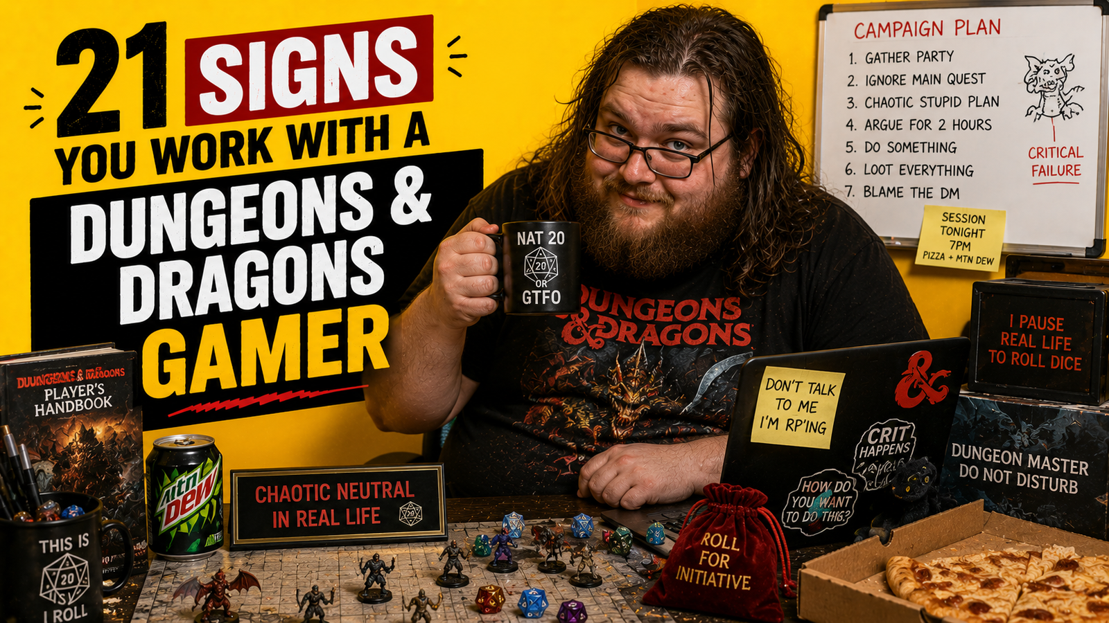 Dungeons & Dragons gamer coworker surrounded by dice, fantasy books, gaming references and office desk accessories on a bright yellow Office Bantomime background.