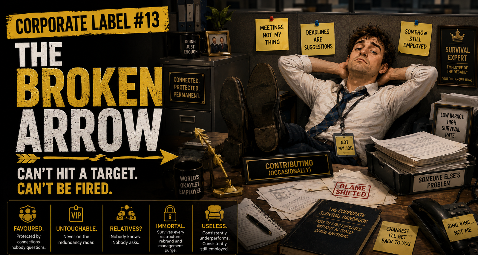 The Broken Arrow corporate label showing an unproductive office worker who survives every restructure despite consistently underperforming.