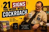 Funny office coworker meme showing a creepy long-serving employee titled “21 Signs You Work With a Cockroach”