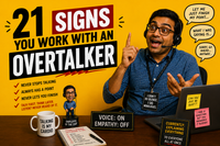 Funny office meme titled “21 Signs You Work With an Overtalker” showing a coworker endlessly talking during meetings.