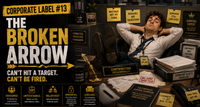 The Broken Arrow corporate label showing an unproductive office worker who survives every restructure despite consistently underperforming.