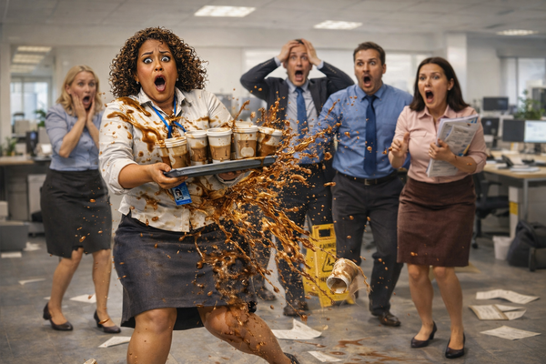 Anxious co-worker Serena spilling takeaway coffees while colleagues react in shock.