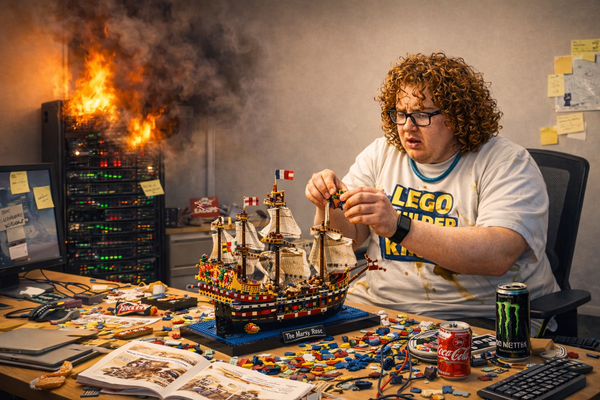 IT office archetype Server Crash Carl building a huge LEGO ship at a messy desk while a server rack catches fire behind him.