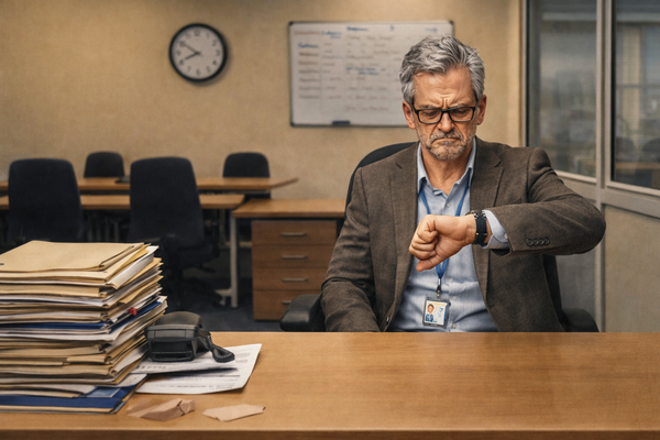 Angry manager checking watch while team desks sit empty