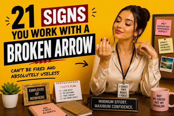 Funny office meme showing a protected lazy coworker titled “21 Signs You Work With a Broken Arrow”.