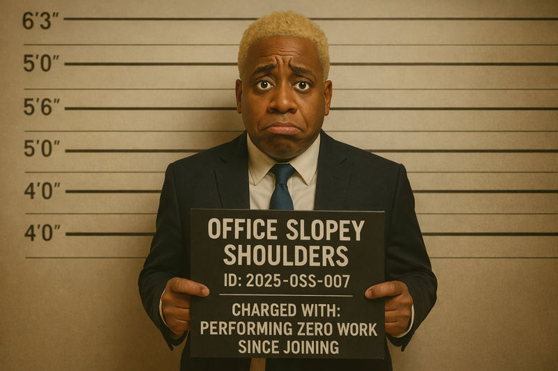 Mugshot of Office Slopey Shoulders holding a charge board accusing him of avoiding responsibility, refusing to support co-workers, and doing no work since joining the company.