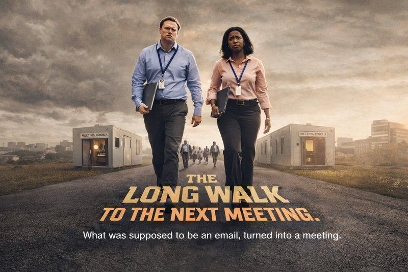 Office workers wearing lanyards walking toward meeting rooms with laptops, symbolising unnecessary workplace meetings and corporate inefficiency.