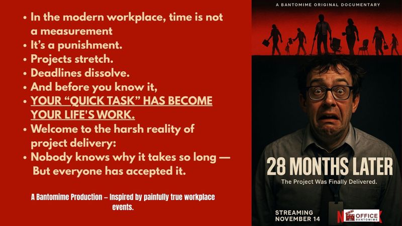 Parody movie poster of a stressed employee, highlighting the chaos of delayed workplace projects.