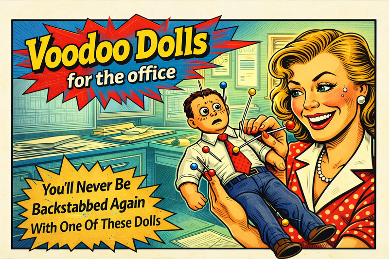 Retro comic-style illustration showing a smiling woman using a voodoo doll on a terrified office coworker, satirising toxic workplaces and funny office gadgets.