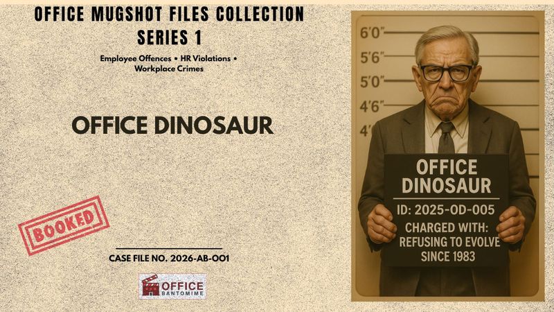Office mugshot of Office Dinosaur holding a charge board accusing him of refusing to evolve since 1983 and resisting modern workplace change.