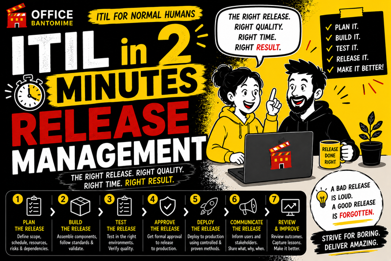ITIL Release Management in 2 minutes infographic showing release planning, testing, approvals and safe deployment for IT service management teams